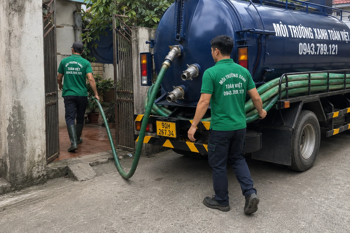 Xe hút hầm cầu chuyên dụng bên cạnh nhà dân