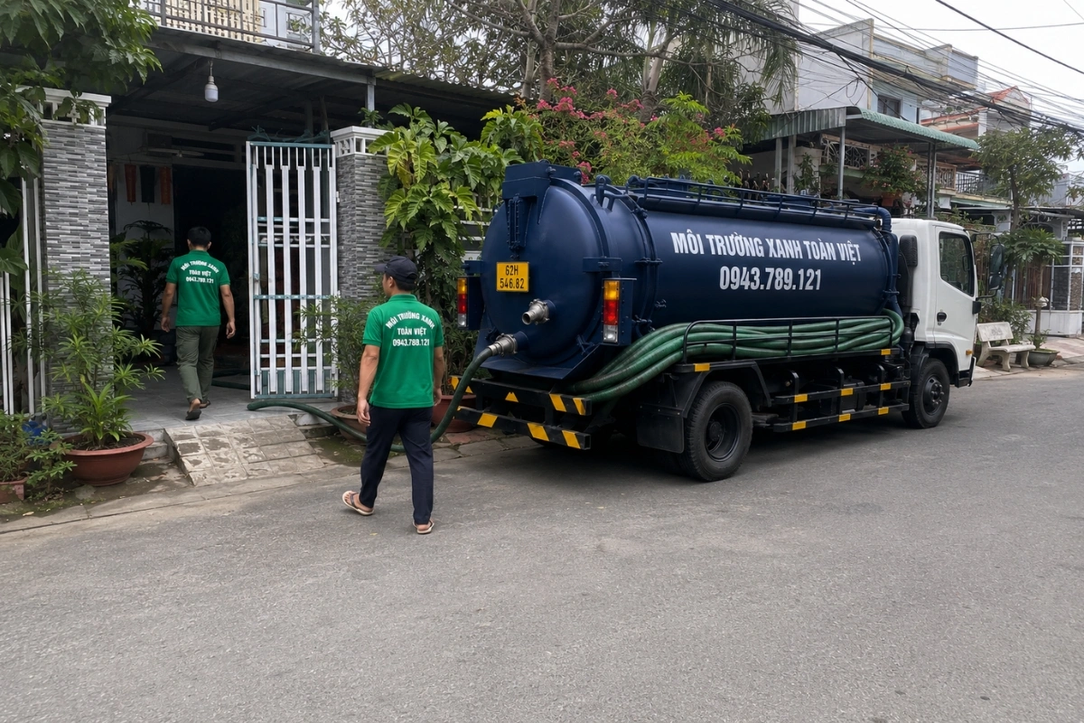 Nhân viên kiểm tra vị trí hút hầm cầu tại nhà dân