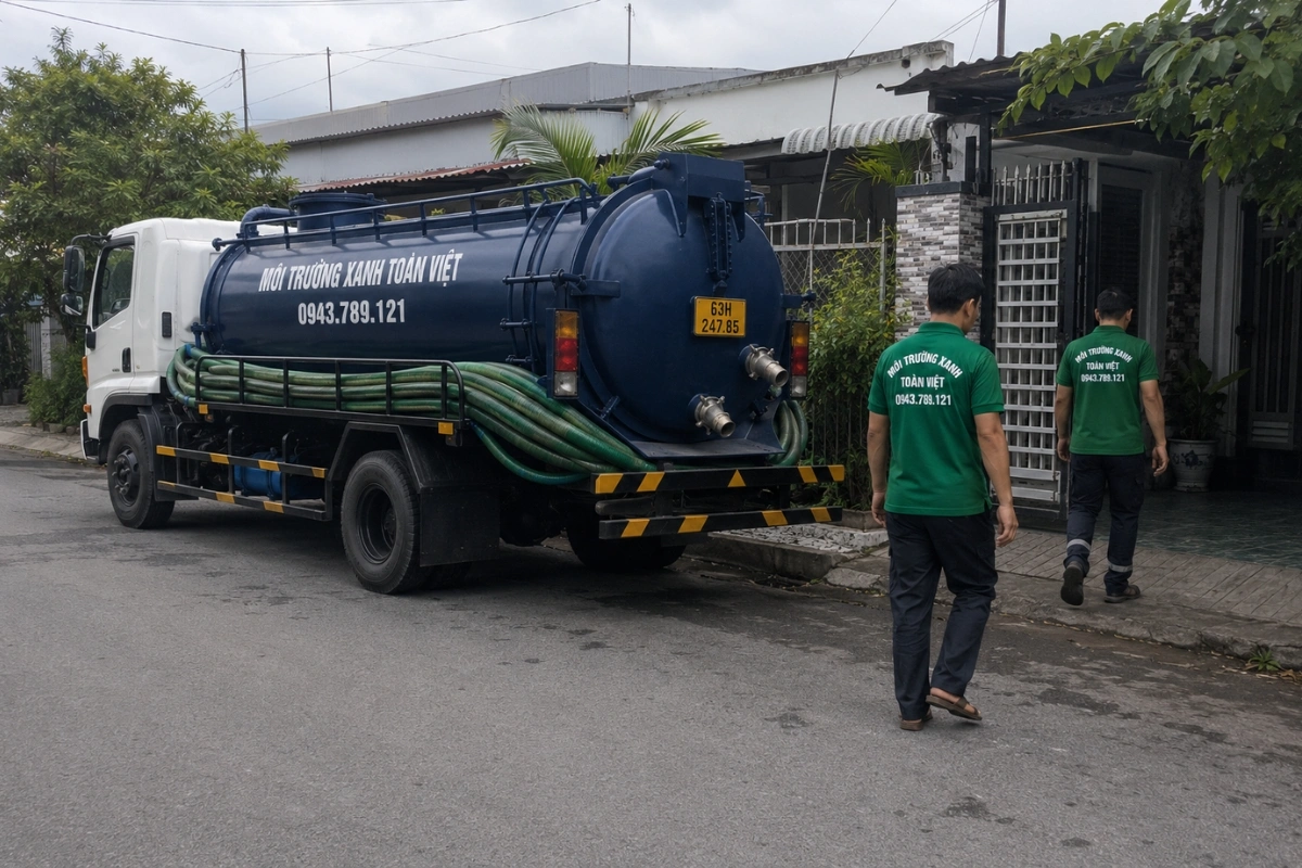 Xe hút chất thải chuyên dụng đậu bên đường dân cư
