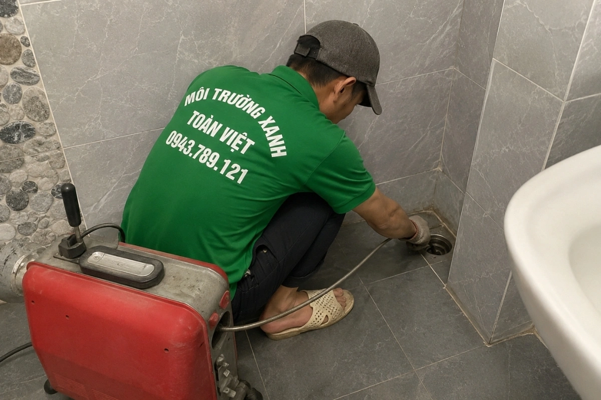 Nhân viên đang đưa dây lò xo vào đường ống để thông cống.