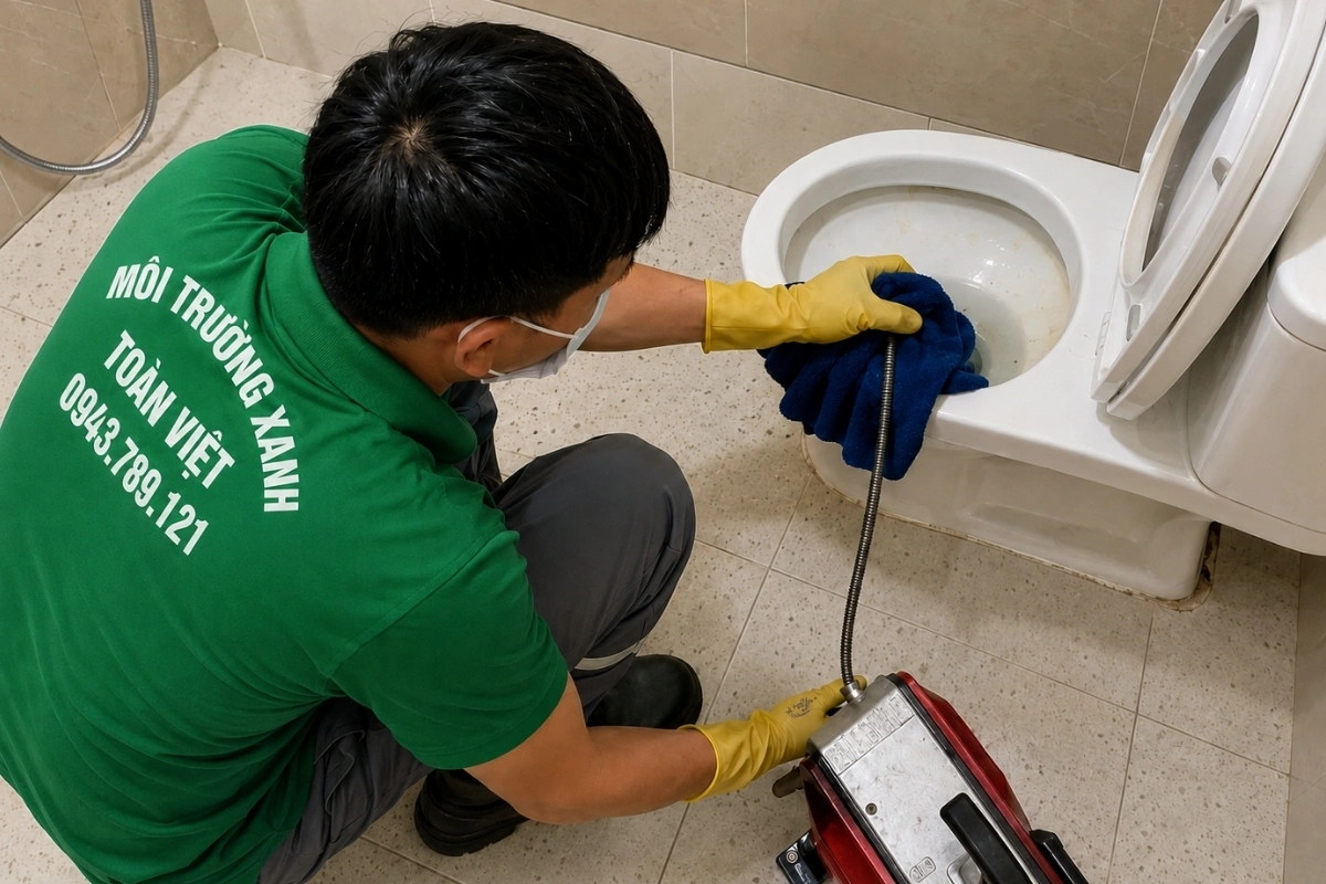 Nhân viên đang khắc phục sự cố bồn cầu bị nghẹt.
