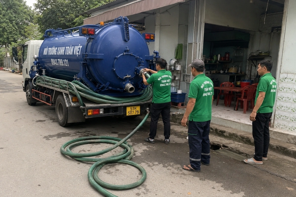 Hai nhân viên hút hầm cầu đang đến nhà khách hàng