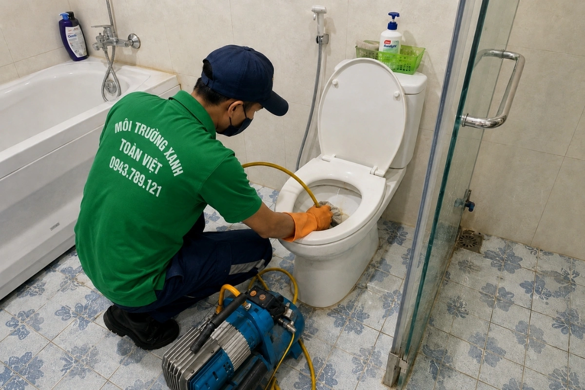 Nhân viên đang thông bồn cầu bằng máy tại nhà vệ sinh gia đình.