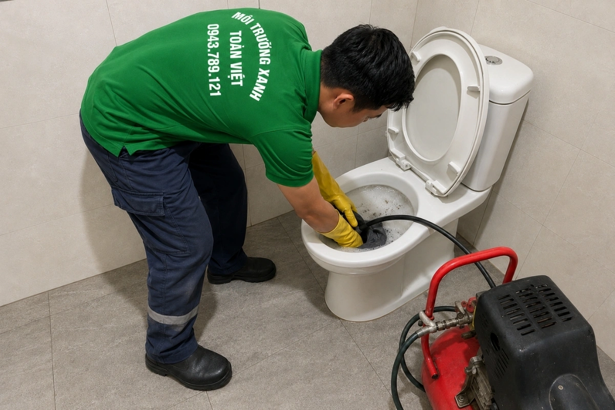 Kỹ thuật viên xử lý bồn cầu bị nghẹt bằng phương pháp chuyên dụng.