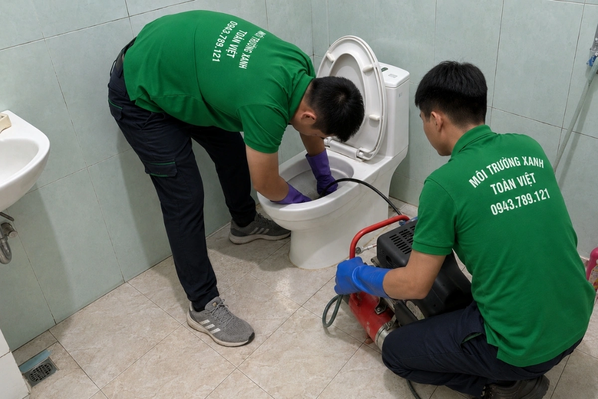 Nhân viên đang giải quyết tình trạng bồn cầu bị tắc nước.