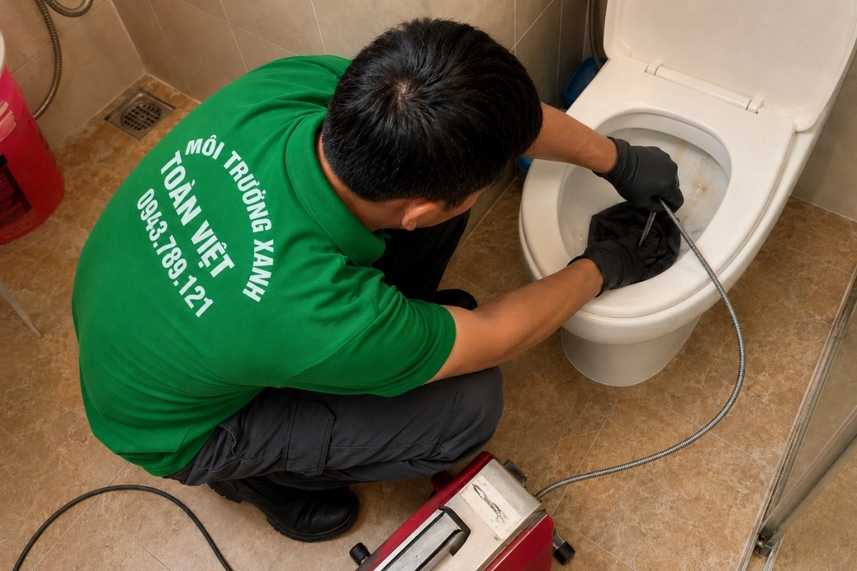 Kỹ thuật viên đang thông đường ống phía sau bồn cầu.