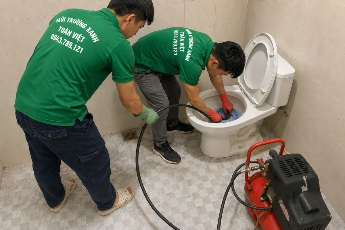 Nhân viên đang xử lý bồn cầu nghẹt bằng kỹ thuật dây lò xo.