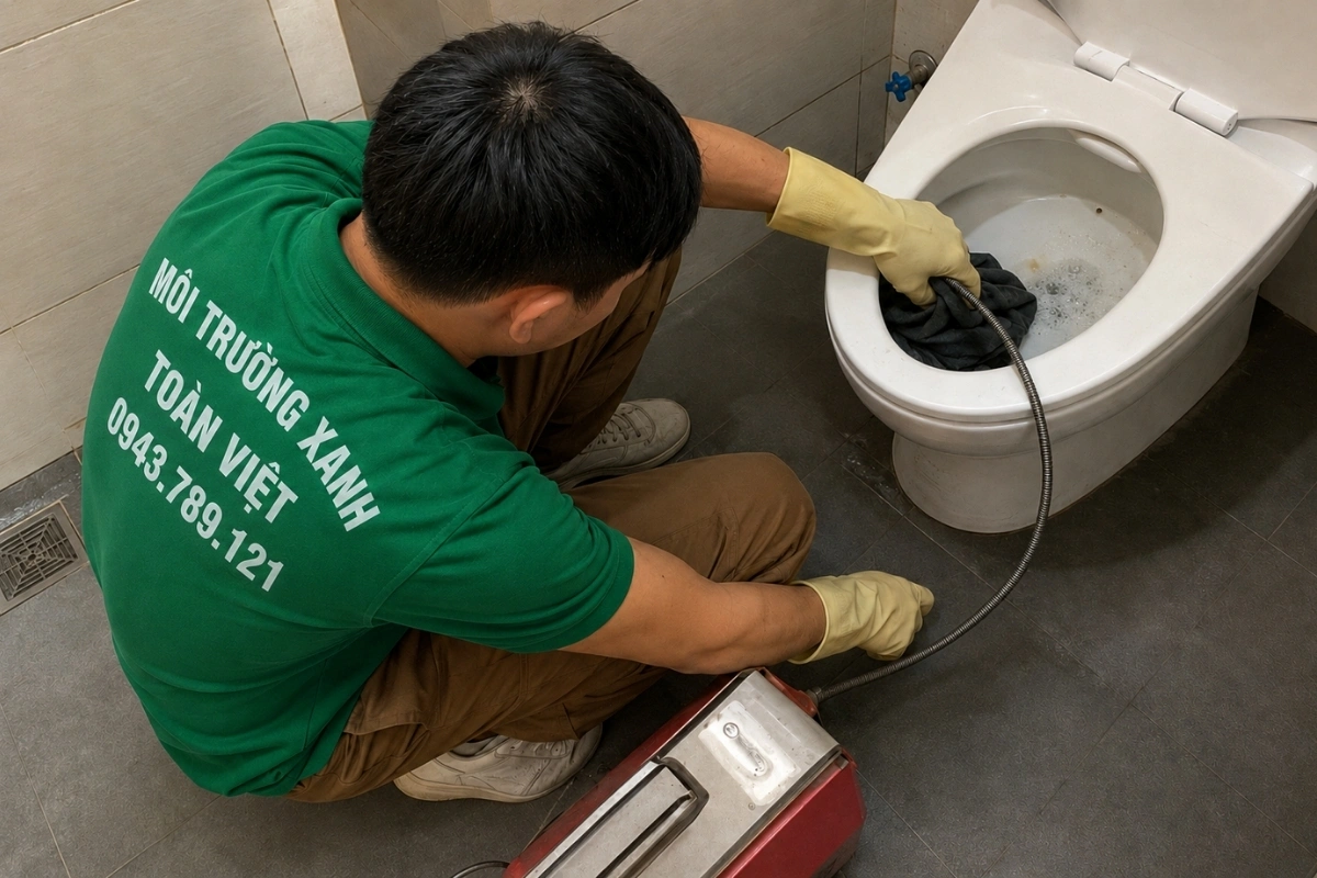 Kỹ thuật viên đang xử lý bồn cầu bị tắc do đường ống nghẹt.