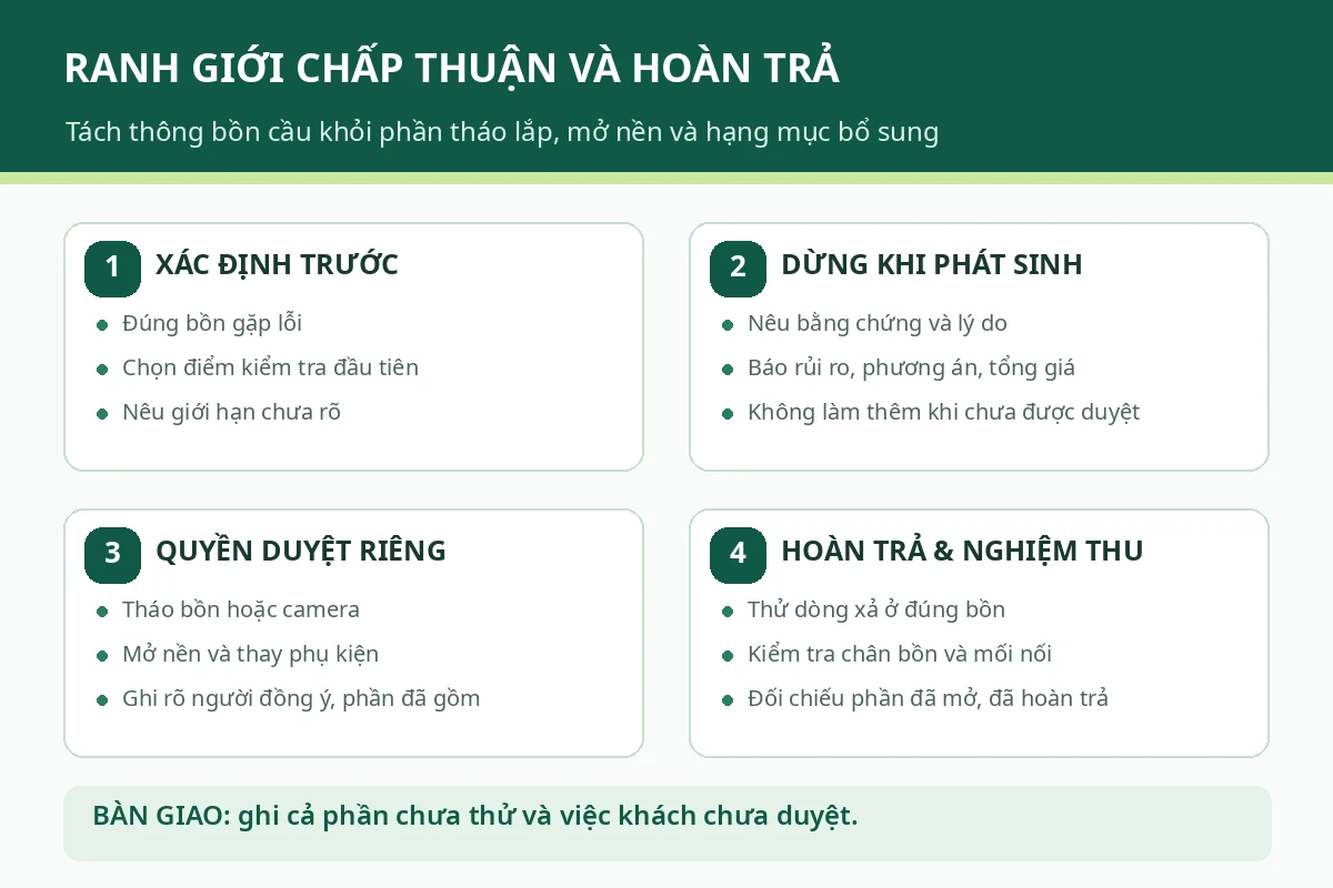Sơ đồ c&aacute;c chặng chấp thuận th&aacute;o bồn, mở nền, lắp lại v&agrave; nghiệm thu