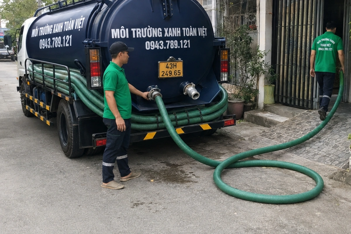 Nhân viên đấu nối ống hút vào xe bồn chuyên dụng trước khi thi công tại Đà Nẵng