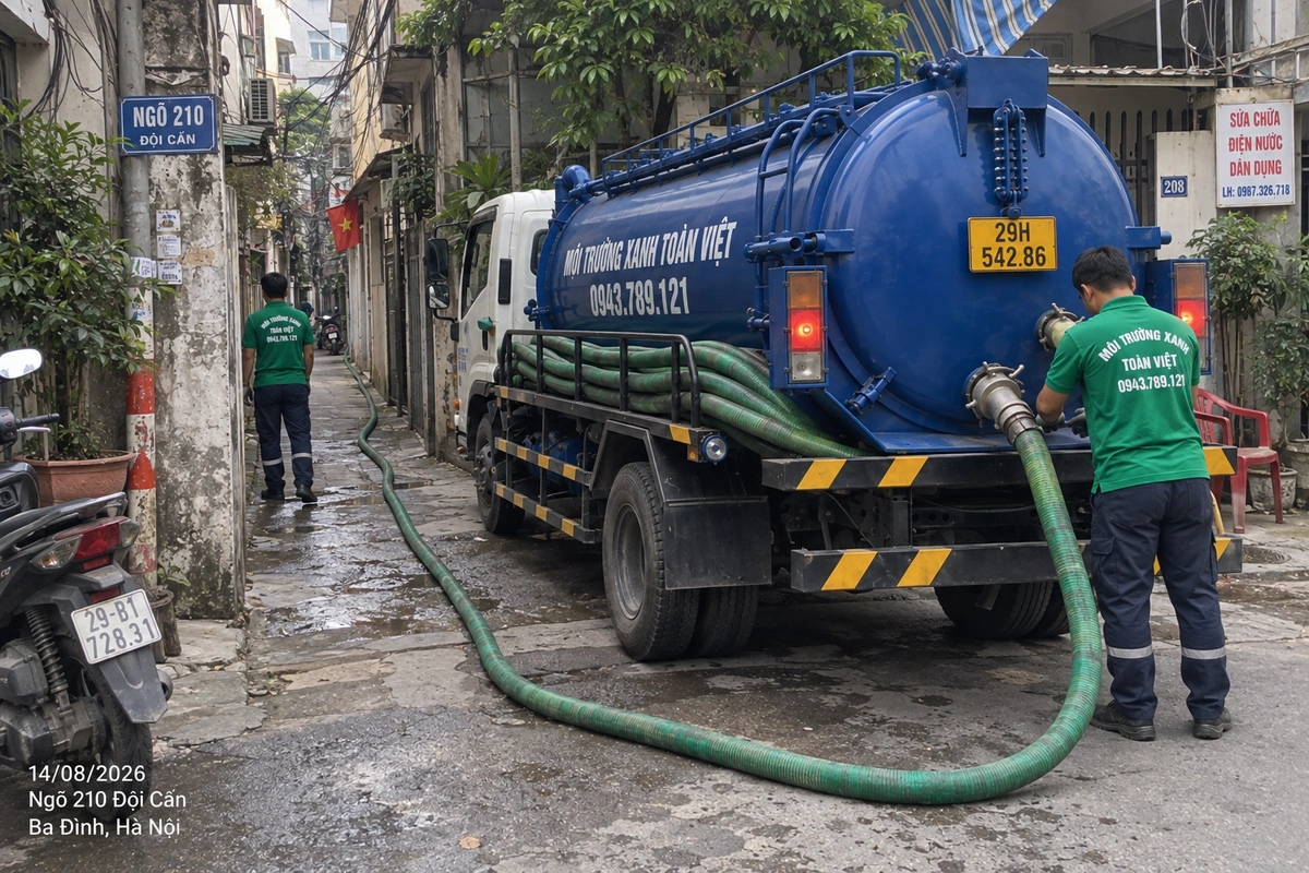 Nhân viên nối ống phía sau xe hút bể phốt tại ngõ 210 Đội Cấn