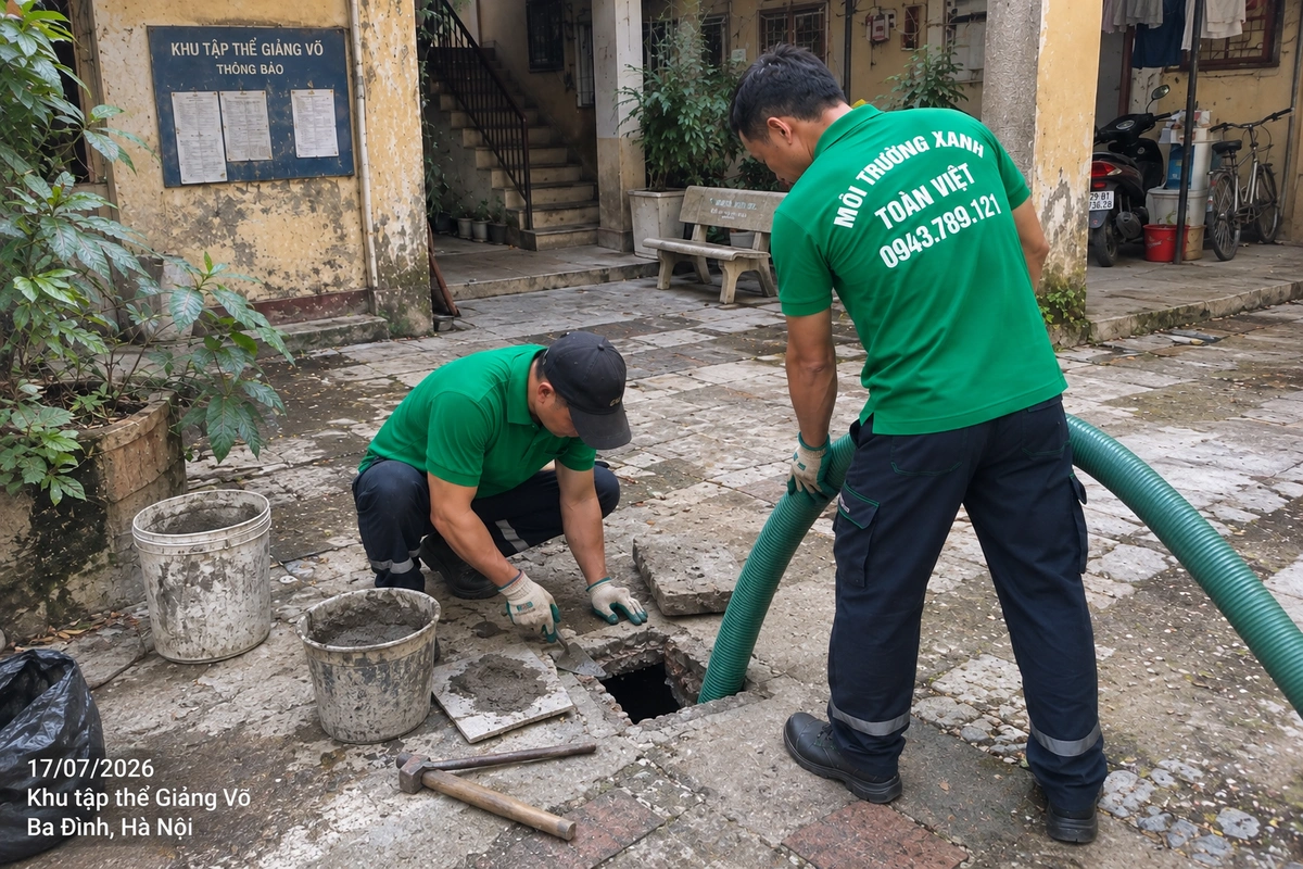 Nhân viên Toàn Việt đặt ống hút tại cửa bể ở sân khu tập thể Giảng Võ