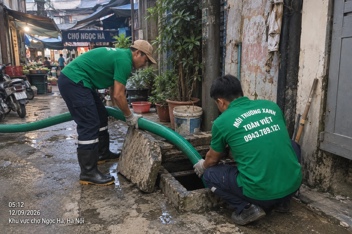 Hai nhân viên Toàn Việt đưa ống hút vào cửa bể gần chợ Ngọc Hà