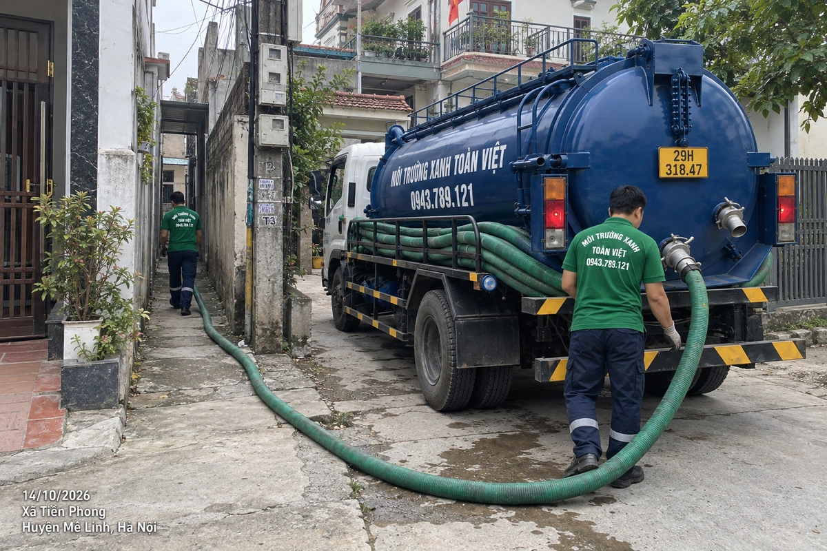 Xe bồn Toàn Việt và tuyến ống hút dẫn vào ngõ nhà dân