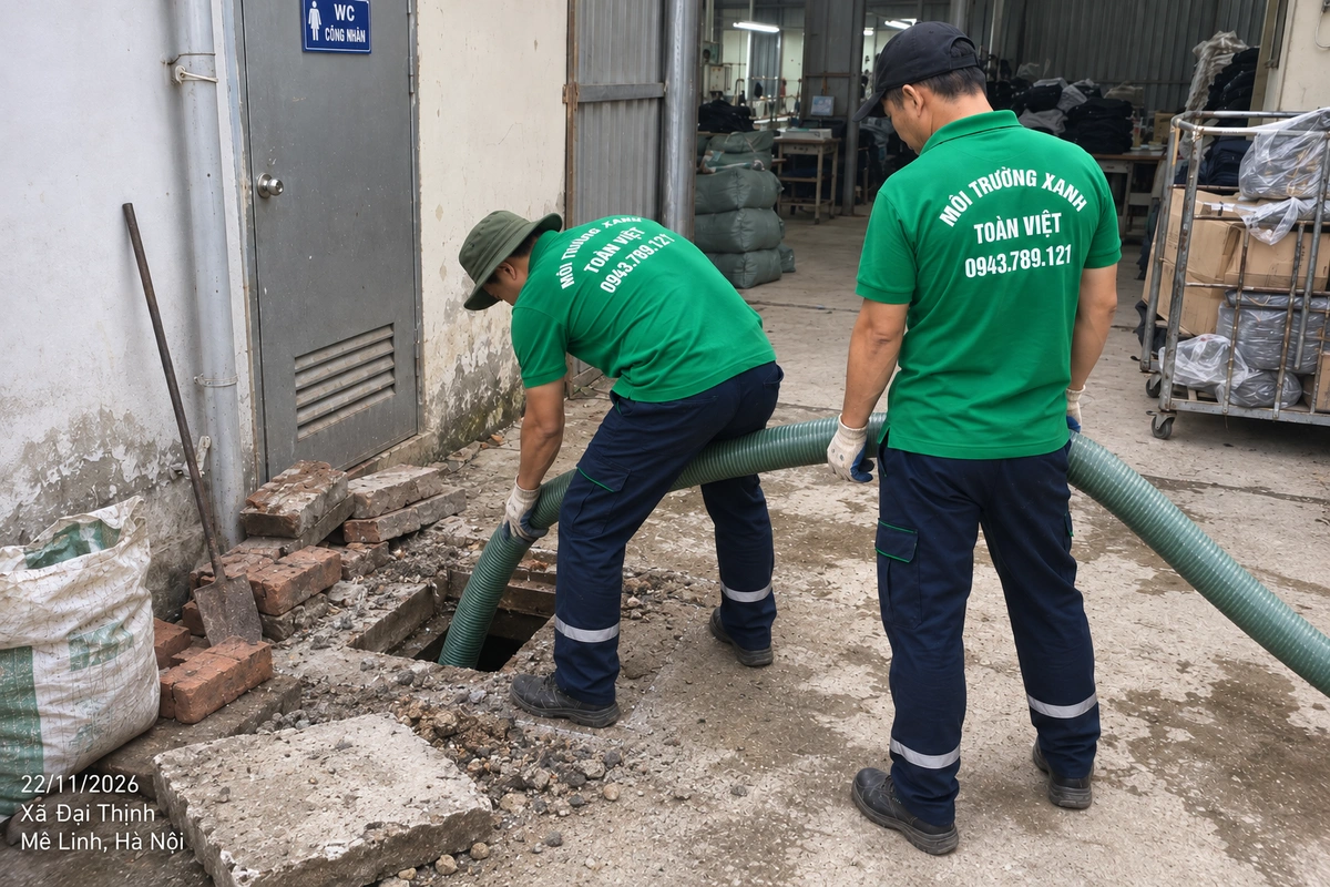 Nhân viên Toàn Việt đưa ống hút vào cửa bể cạnh khu vệ sinh công nhân