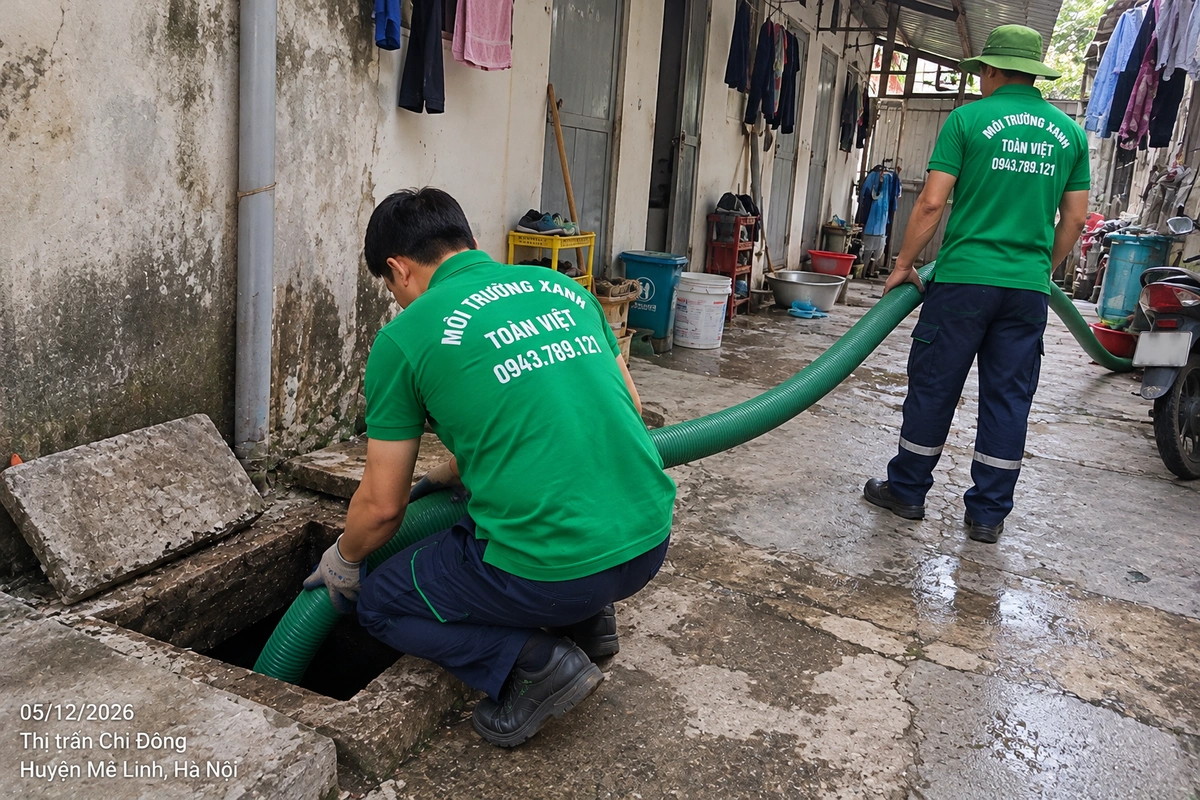 Nhân viên Toàn Việt đặt ống hút tại cửa bể trên lối đi khu trọ