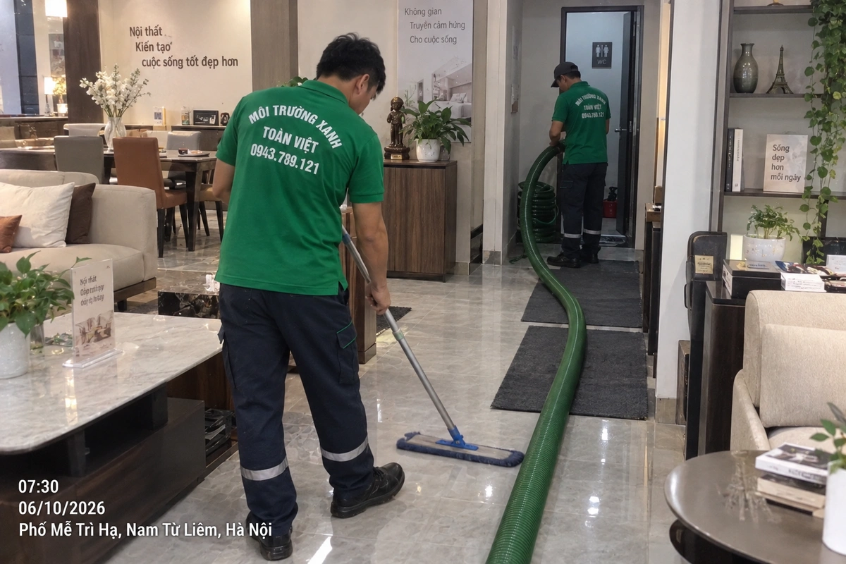 Nhân viên Toàn Việt dẫn ống hút qua sàn showroom nội thất
