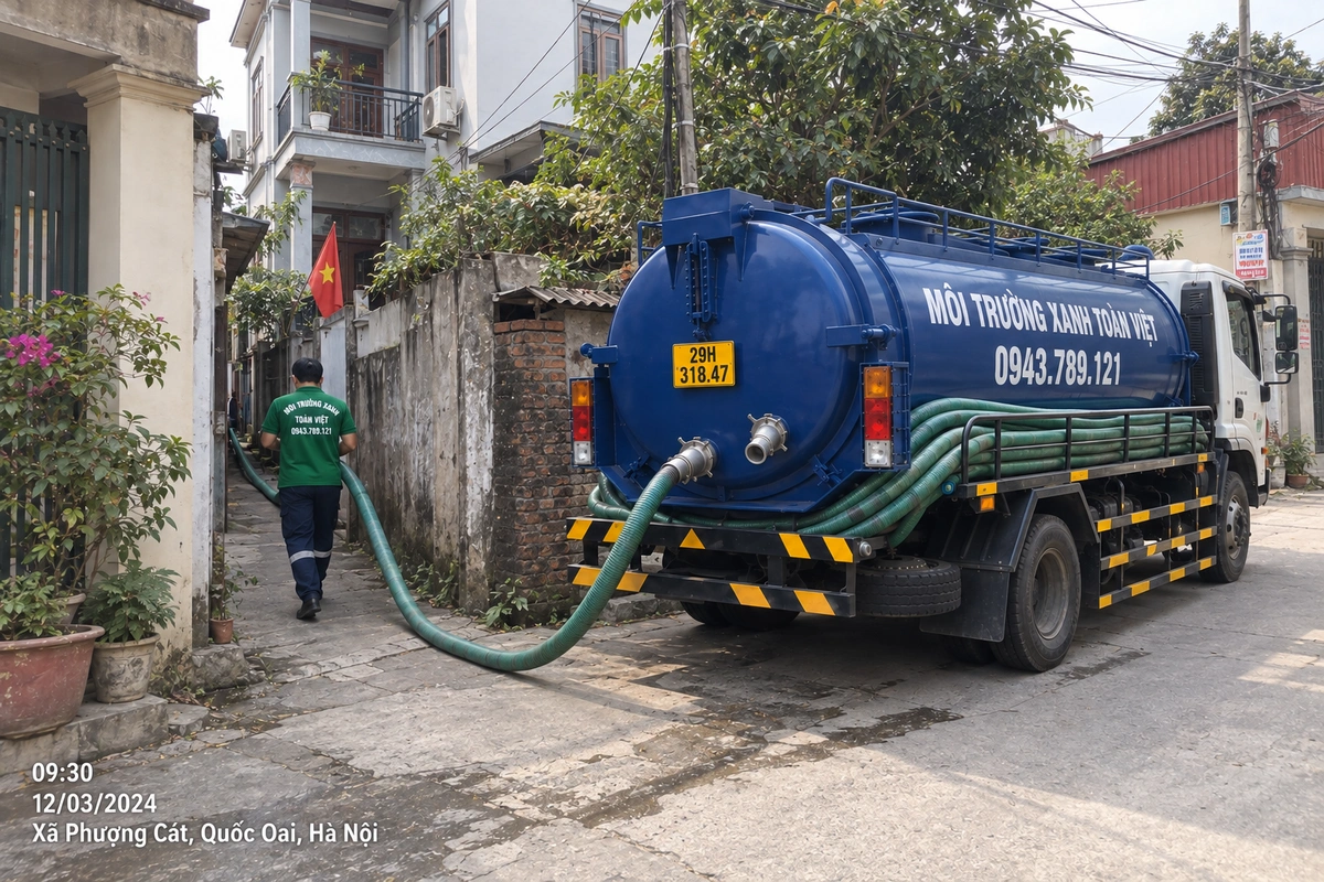Xe hút bể phốt Toàn Việt đỗ ngoài ngõ, nhân viên dẫn ống vào lối hẹp