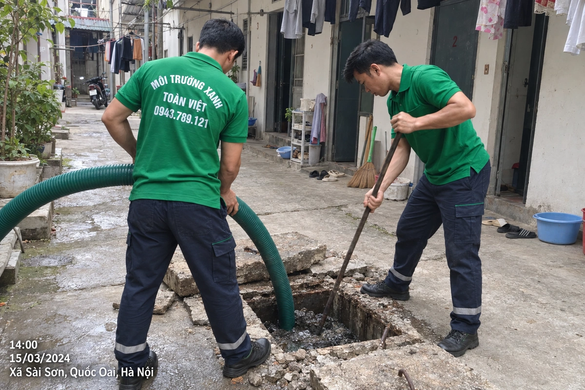 Hai nhân viên Toàn Việt thao tác với ống hút và dụng cụ tại cửa bể trước dãy trọ