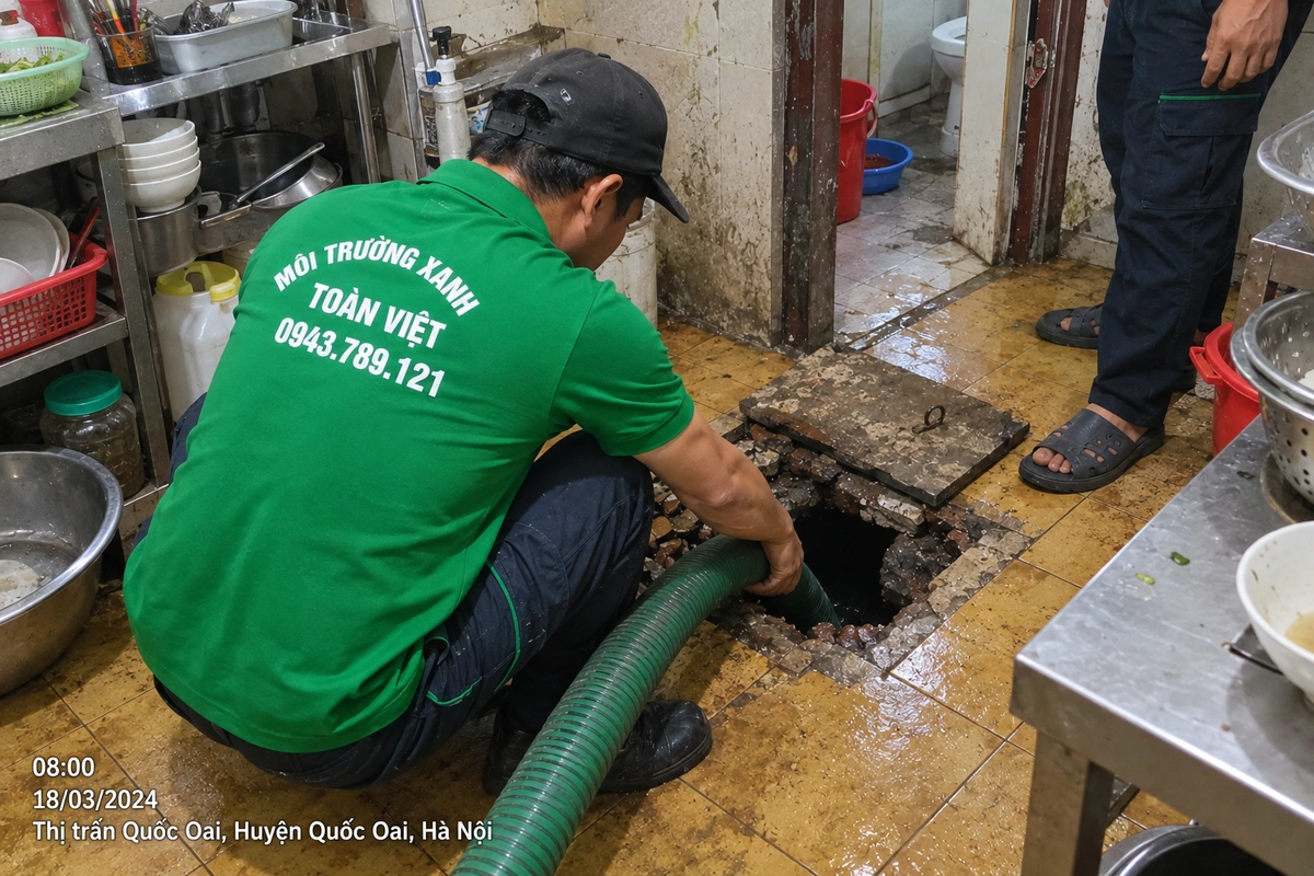 Nhân viên Toàn Việt đặt ống hút vào cửa bể trong khu bếp quán ăn