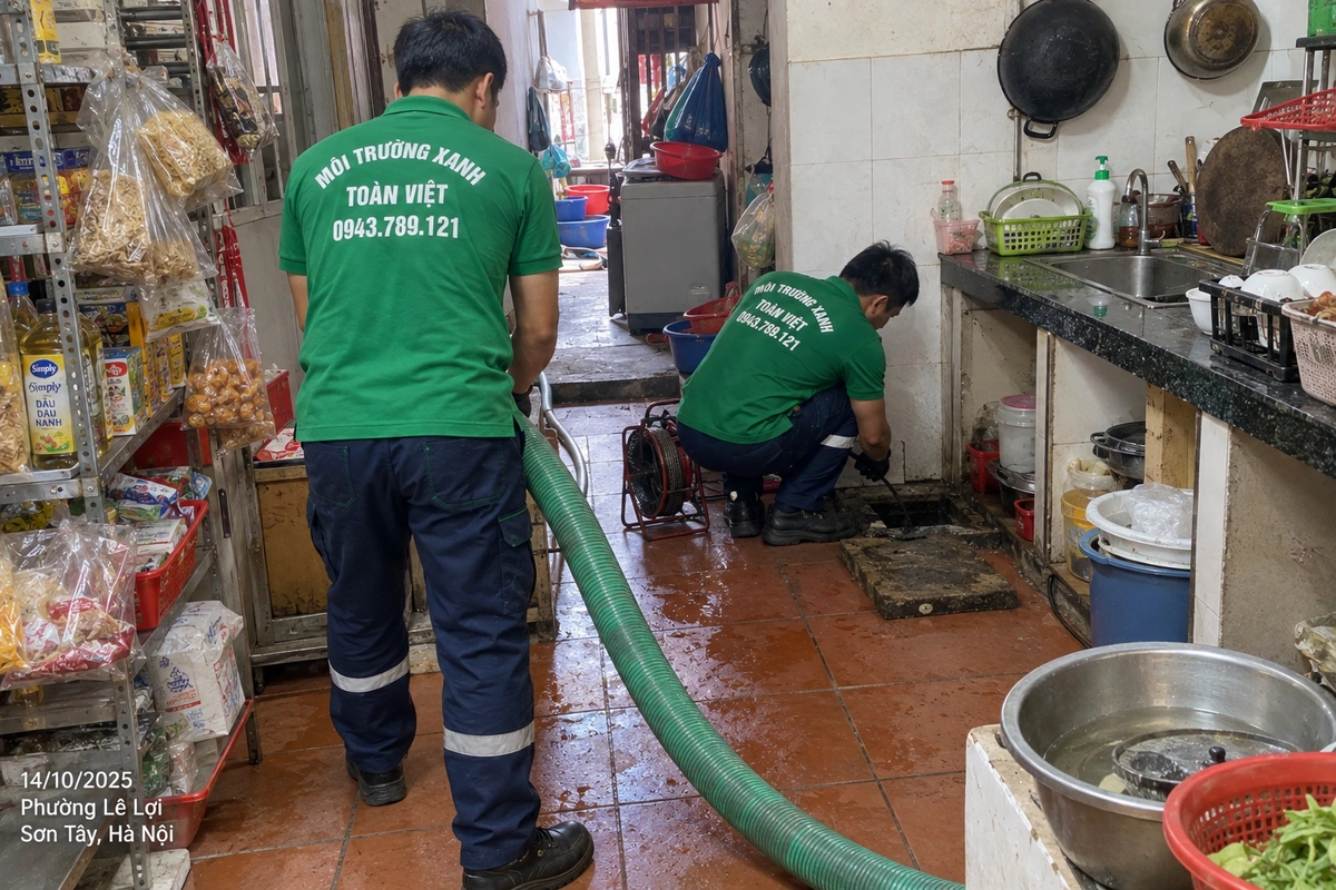 Hút bể phốt trong khu bếp tại Lê Lợi, Sơn Tây Nhân viên dẫn ống hút qua hàng tạp hóa vào bếp tại Lê Lợi, Sơn Tây