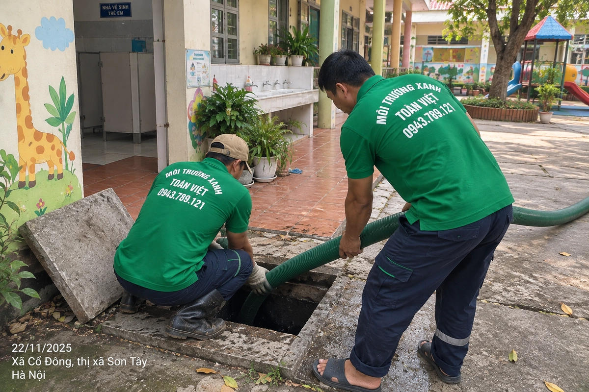 Hút bể tại trường mầm non tại Cổ Đông, Sơn Tây Hai nhân viên đưa ống hút vào cửa bể cạnh khu vệ sinh trẻ em tại Cổ Đông, Sơn Tây