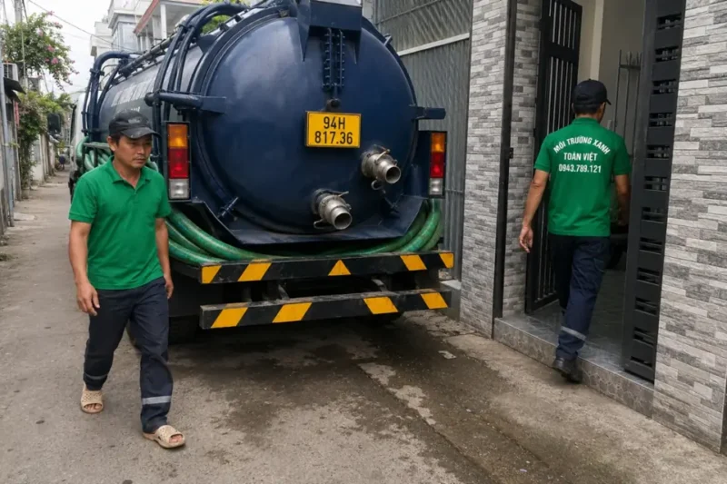 xe bồn và nhân viên cầm ống xanh trước lối nhà