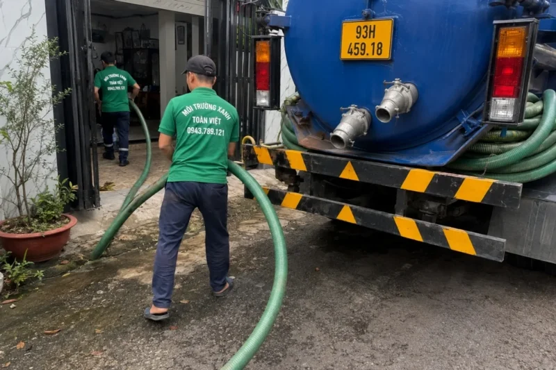 Nhân viên bố trí ống từ xe bồn qua cổng nhà
