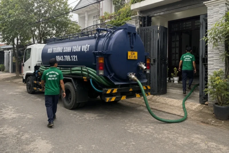 Xe hút chuyên dụng đỗ ngoài cổng, ống nối vào trong nhà
