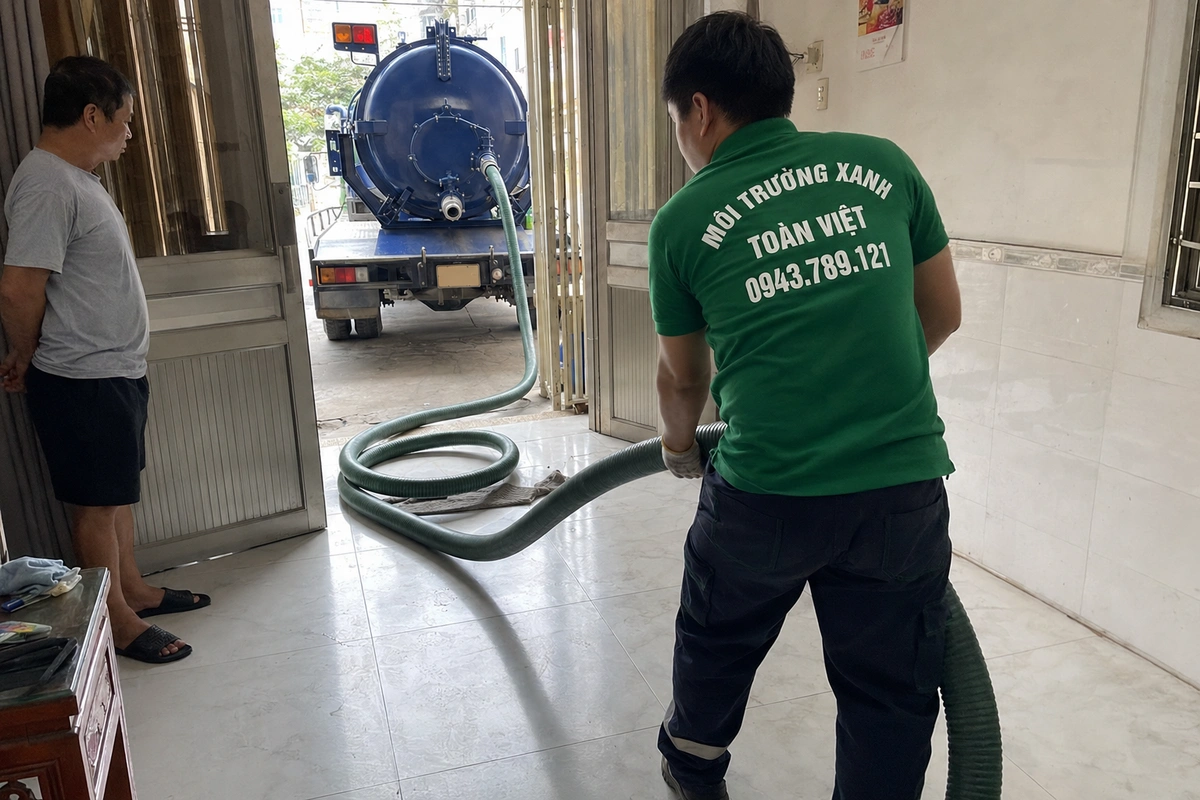 Nhân viên kéo ống hút từ xe bồn vào trong nhà, chủ nhà theo dõi thi công