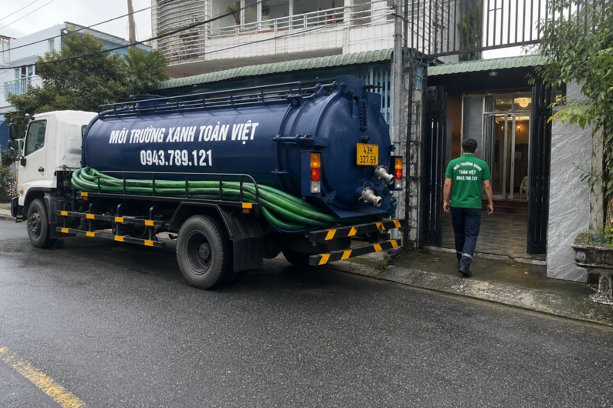 Xe bồn hút hầm cầu đỗ trước cổng nhà khách hàng tại Đà Nẵng