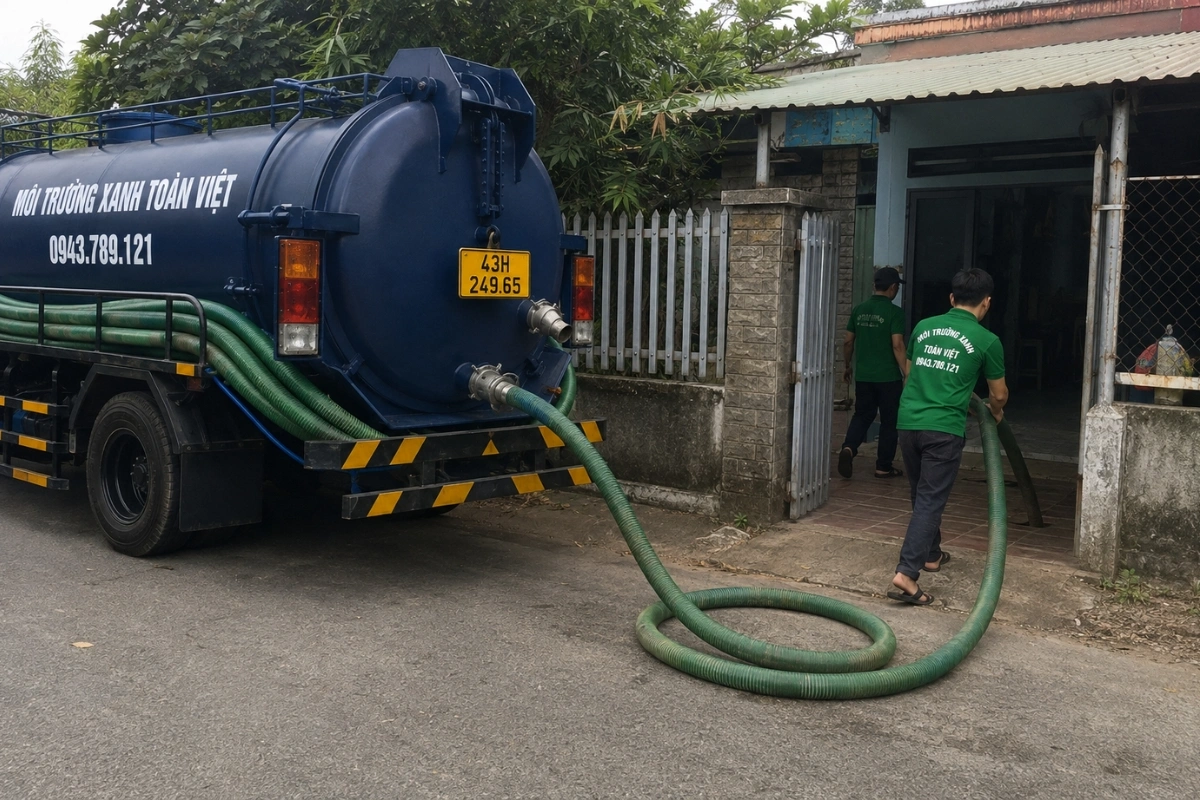 Xe hút hầm cầu đỗ ngoài đường và nhân viên kéo ống vào nhà tại Đà Nẵng