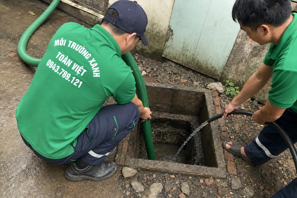 Kỹ thuật viên thả ống hút xuống hố ga và xịt nước làm loãng bùn