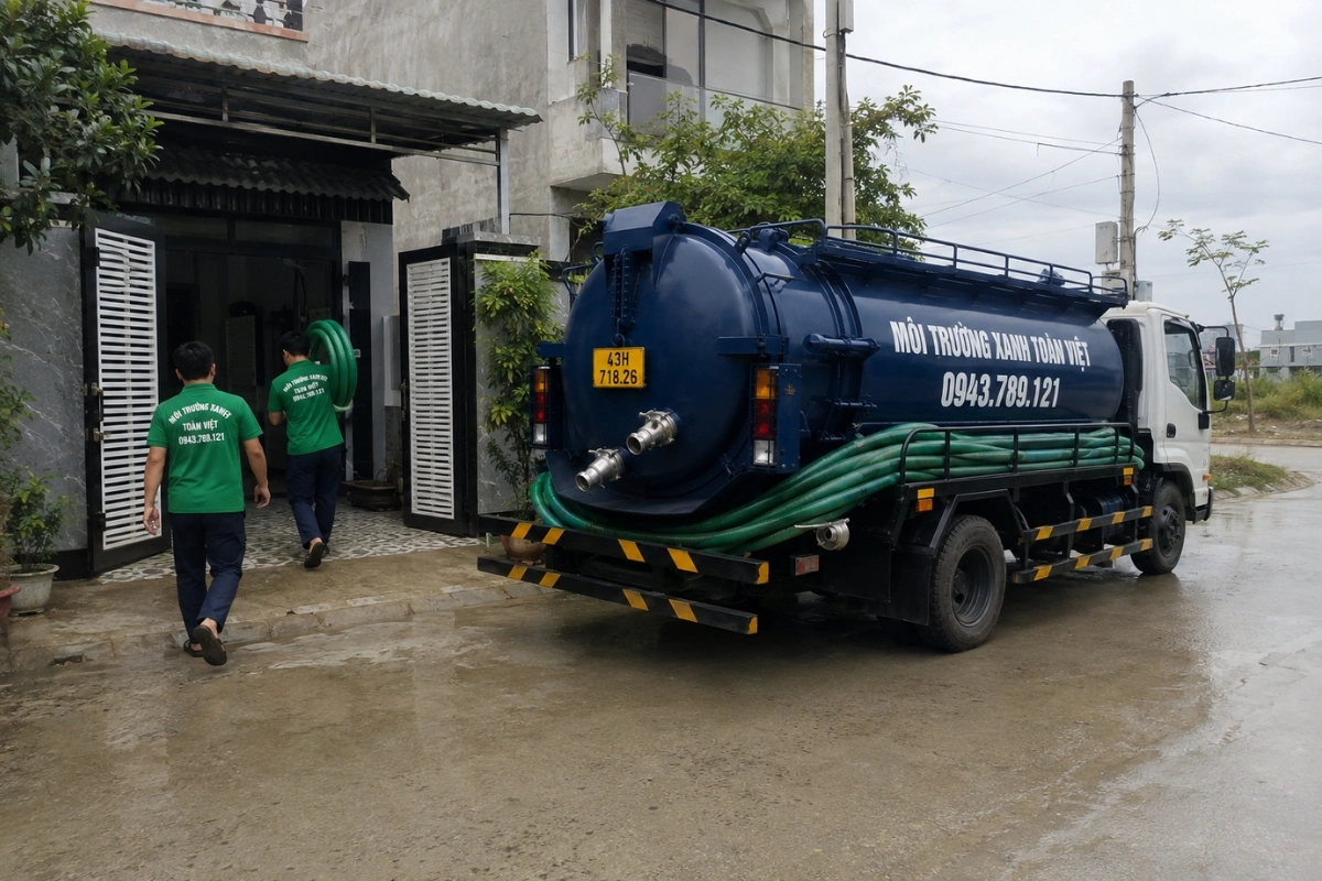Hai nhân viên mang cuộn ống hút từ xe bồn vào nhà khách hàng tại Đà Nẵng