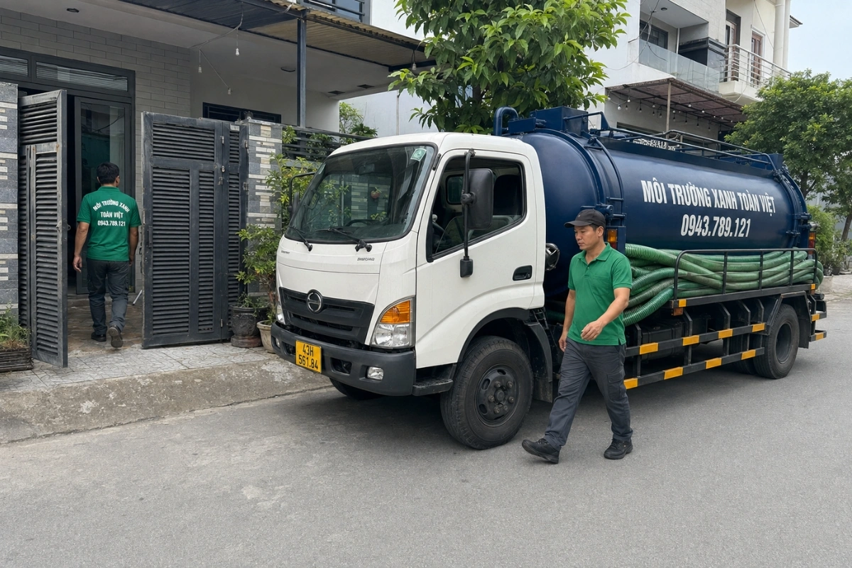 Xe hút hầm cầu cỡ nhỏ của Môi Trường Xanh Toàn Việt đỗ trước cổng nhà khách hàng tại Đà Nẵng