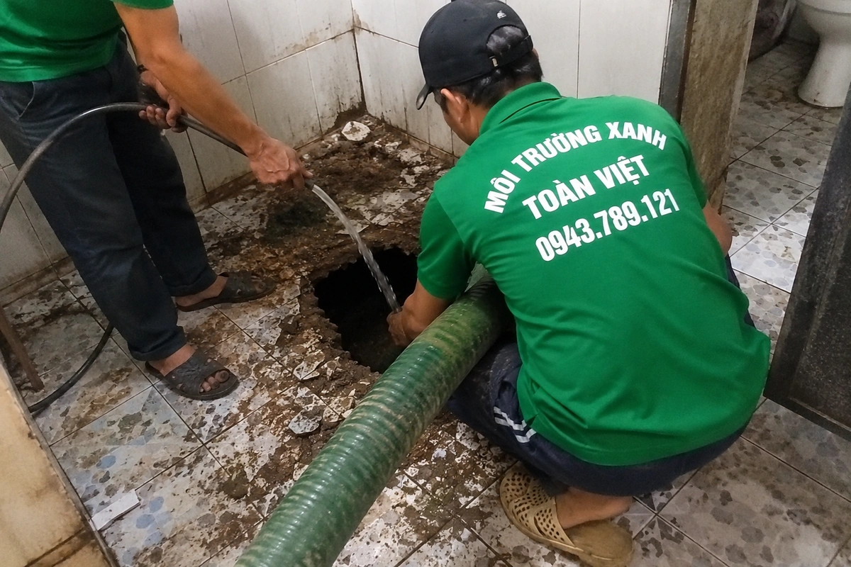 Nhân viên dùng dây thông kết hợp ống hút xử lý hầm trong nhà vệ sinh
