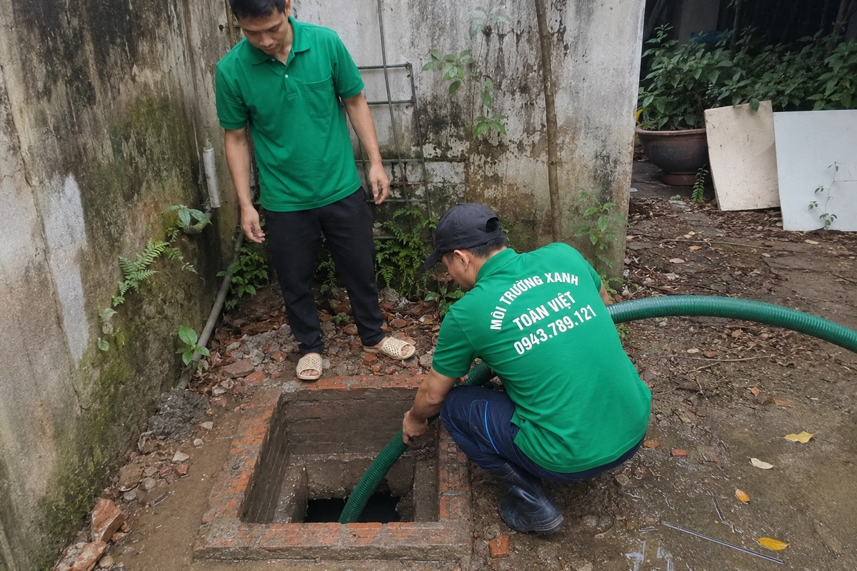 Nhân viên đưa ống hút xuống hầm tự hoại ngoài sân dưới sự chứng kiến của chủ nhà