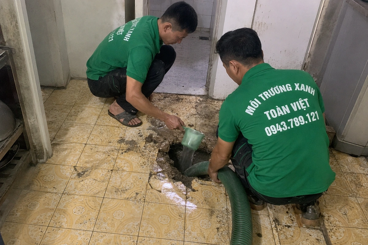 Nhân viên xử lý hầm chứa tại khu bếp của cơ sở ăn uống
