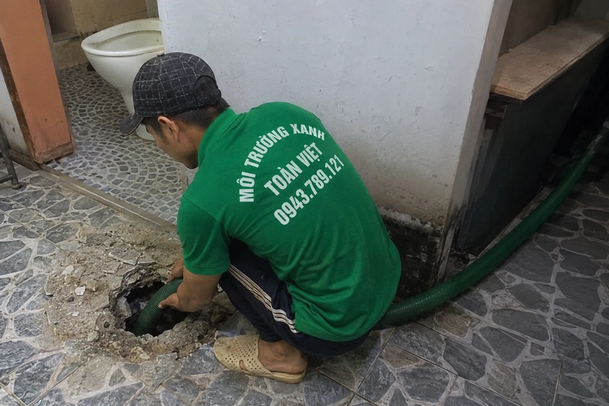 Kỹ thuật viên đưa ống hút vào miệng hầm dưới sàn nhà vệ sinh