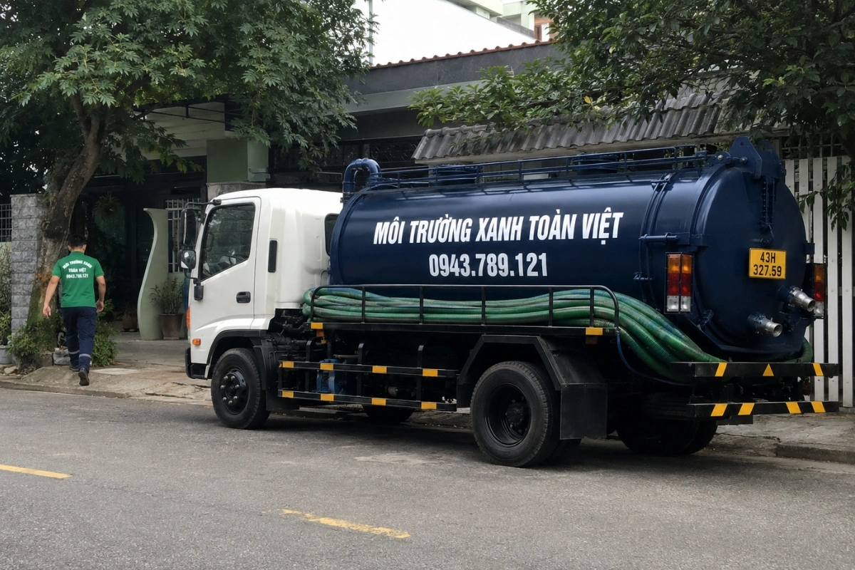 Xe bồn hút hầm cầu đỗ ven đường trước nhà khách hàng tại Đà Nẵng