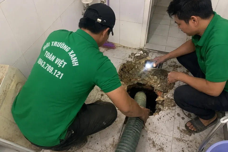 Hút hầm cầu Ninh Thuận – khảo sát cùng Toàn Việt 26 Soi đèn từ bên ngoài để quan sát hầm; khách hàng giữ khoảng cách với miệng hố