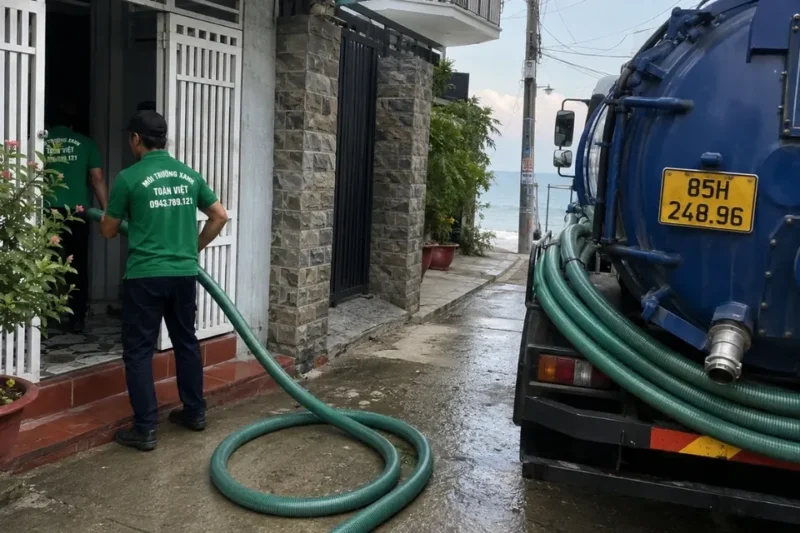 Hút hầm cầu Khánh Hòa giá rẻ uy tín | Toàn Việt 24 Ống nối từ xe bồn qua bậc cửa vào nhà