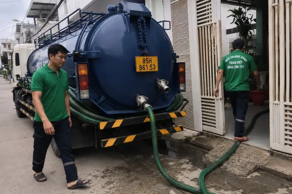 Hút hầm cầu Ninh Thuận – khảo sát cùng Toàn Việt 25 Nhân viên chuẩn bị ống ở phía sau xe và kiểm tra đường đưa ống