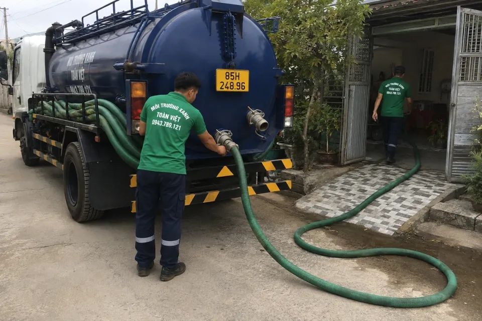Hút hầm cầu Ninh Thuận – khảo sát cùng Toàn Việt 37 Bố trí ống từ xe vào sân, giữ khoảng trống ở cửa ra vào