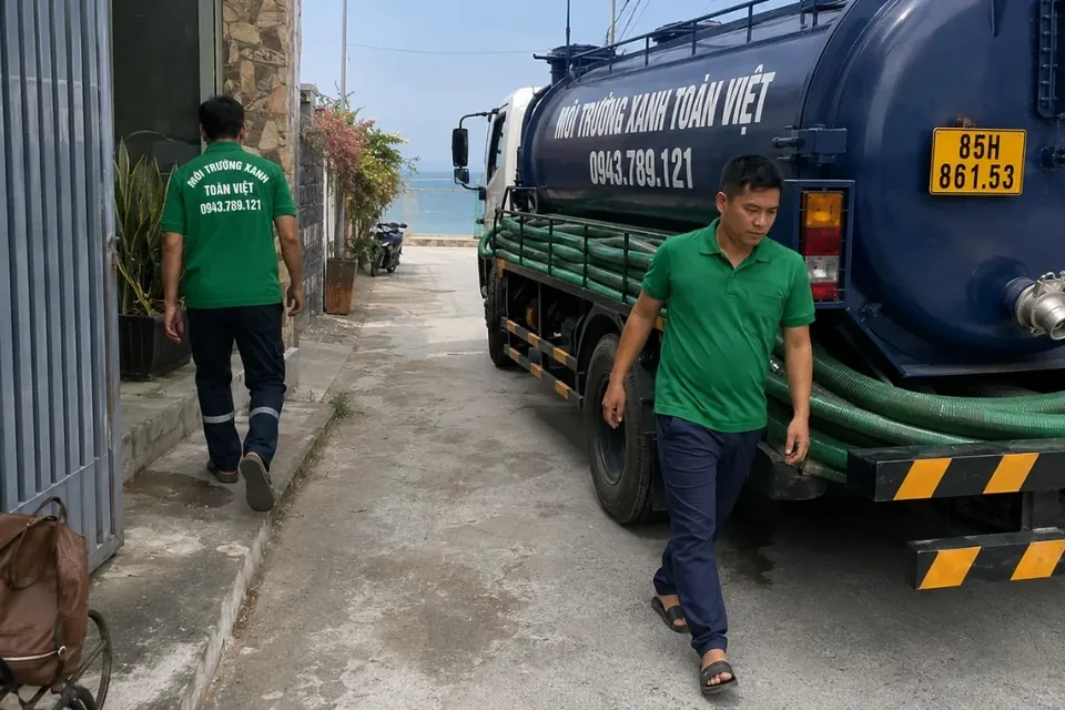 Hút hầm cầu Ninh Thuận – khảo sát cùng Toàn Việt 38 Nhân viên Toàn Việt cùng xe bồn trong ngõ dân cư
