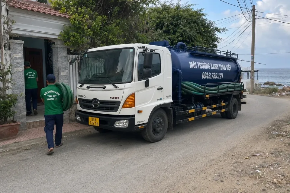 Hút hầm cầu Ninh Thuận – khảo sát cùng Toàn Việt 30 Xe bồn trong khu dân cư; ảnh minh họa việc chuẩn bị điểm đỗ và đường ống