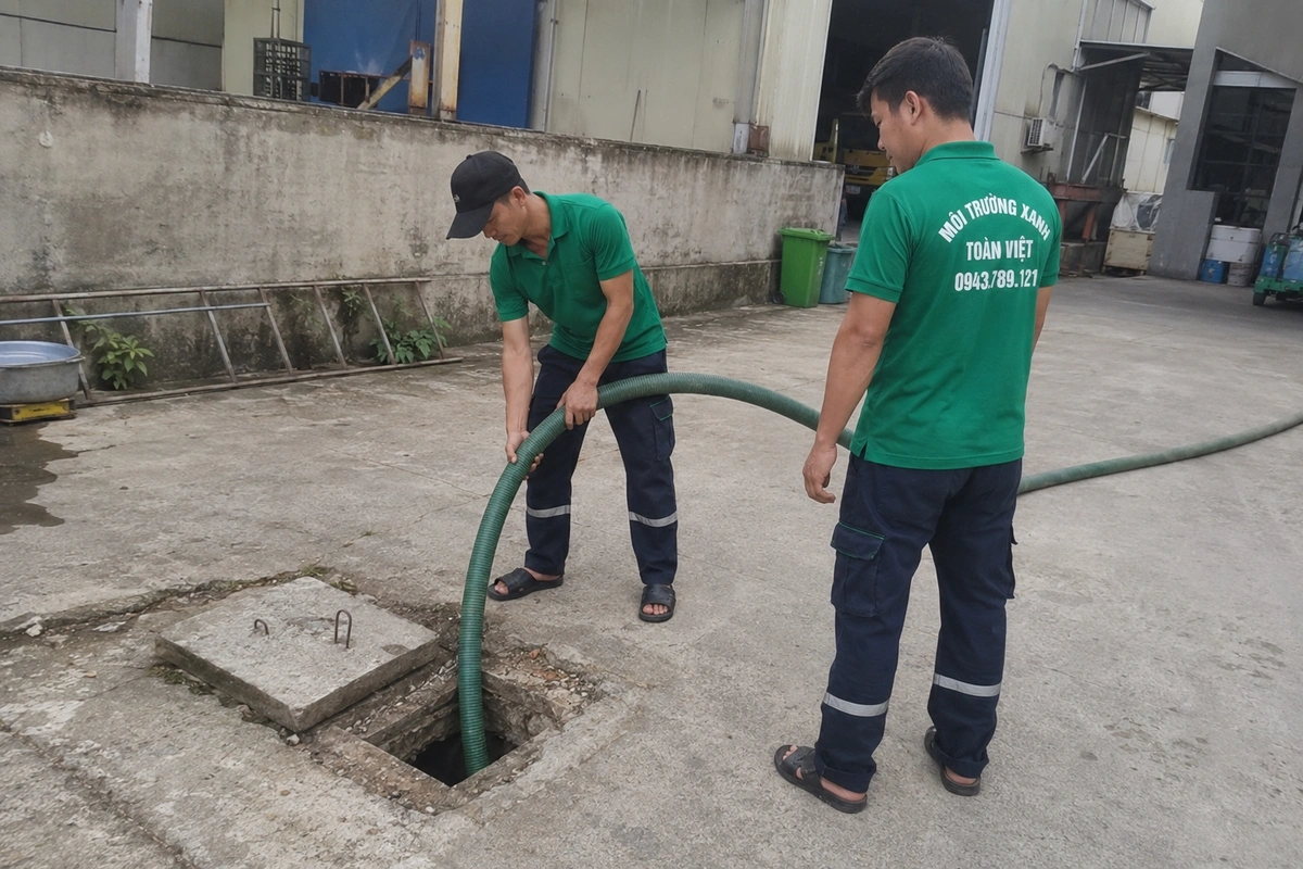 Hút Hầm Cầu Sơn Trà Đà Nẵng 24/7 | Tính Báo Giá Theo Khối 11 Hai nhân viên đưa ống hút xuống hầm tự hoại tại sân của cơ sở kinh doanh