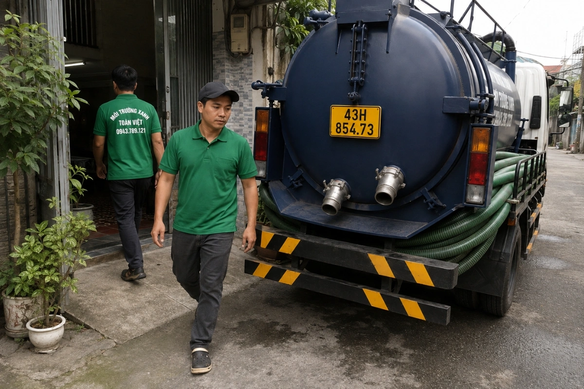 Hút Hầm Cầu Sơn Trà Đà Nẵng 24/7 | Tính Báo Giá Theo Khối 7 Xe hút hầm cầu Môi Trường Xanh Toàn Việt đỗ trong hẻm nhỏ trước nhà dân tại Đà Nẵng