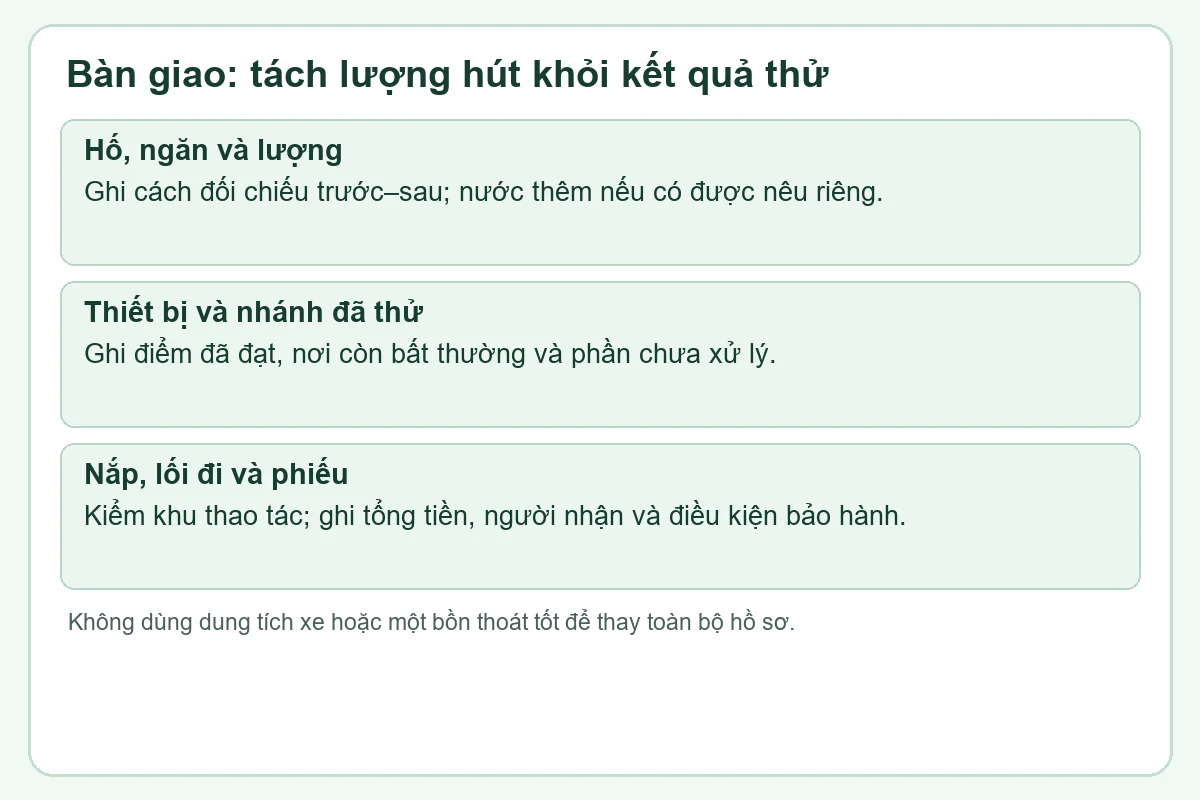Bảng bàn giao tách lượng hút, điểm thử và tình trạng nắp
