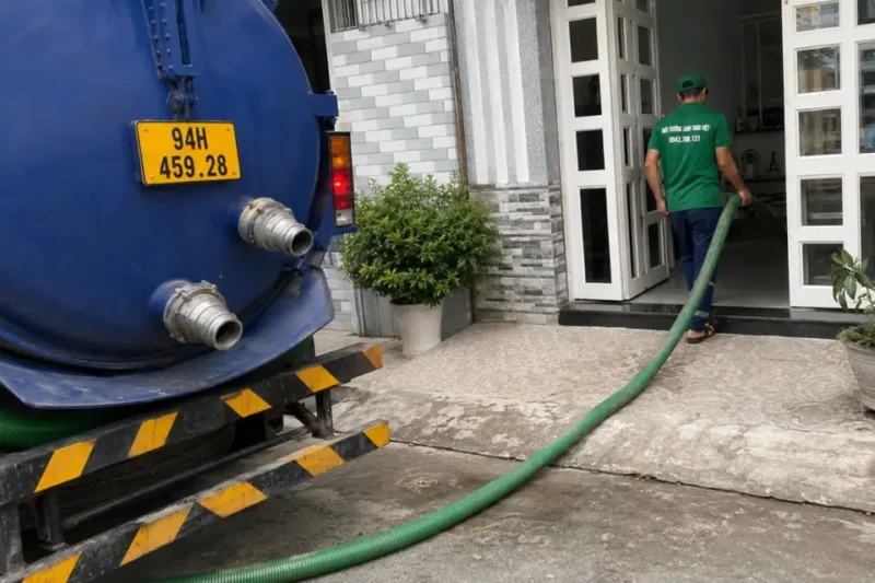 Nhân viên đưa ống qua cổng nhà